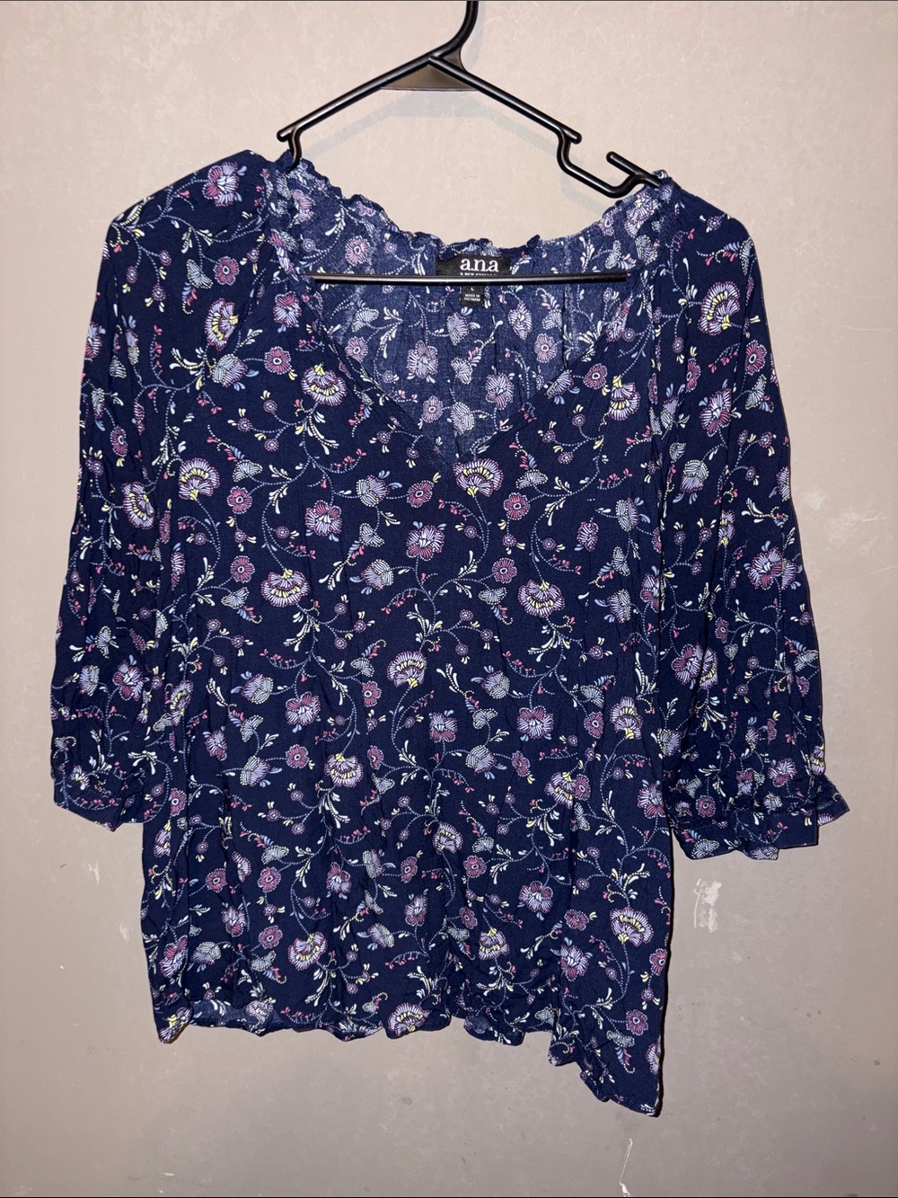 a.n.a Navy Floral Ruffle-Trim Blouse